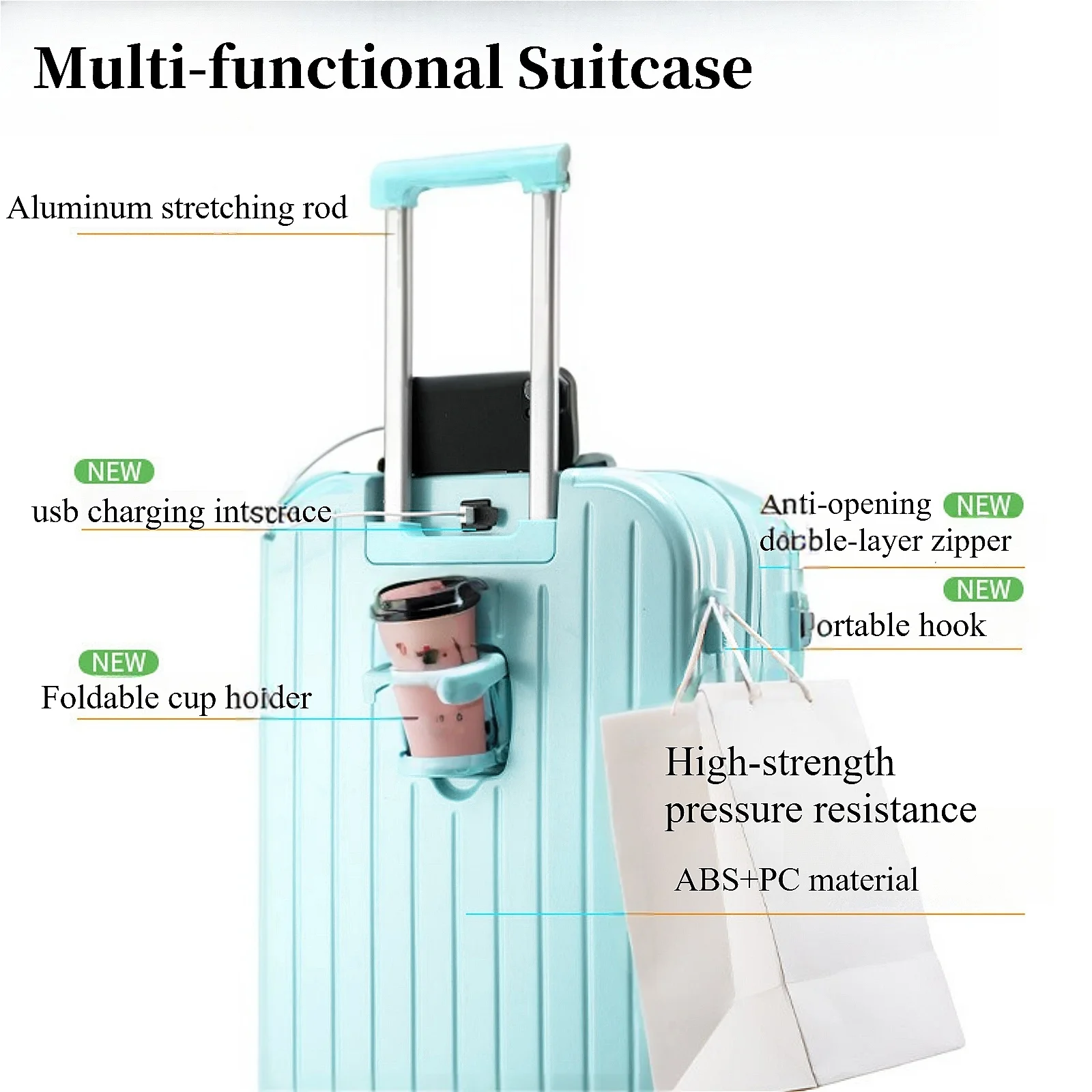 20" Expandable Luggage with Spinner Wheels+UBS+Cup Holder+Side Hooks - Image 2