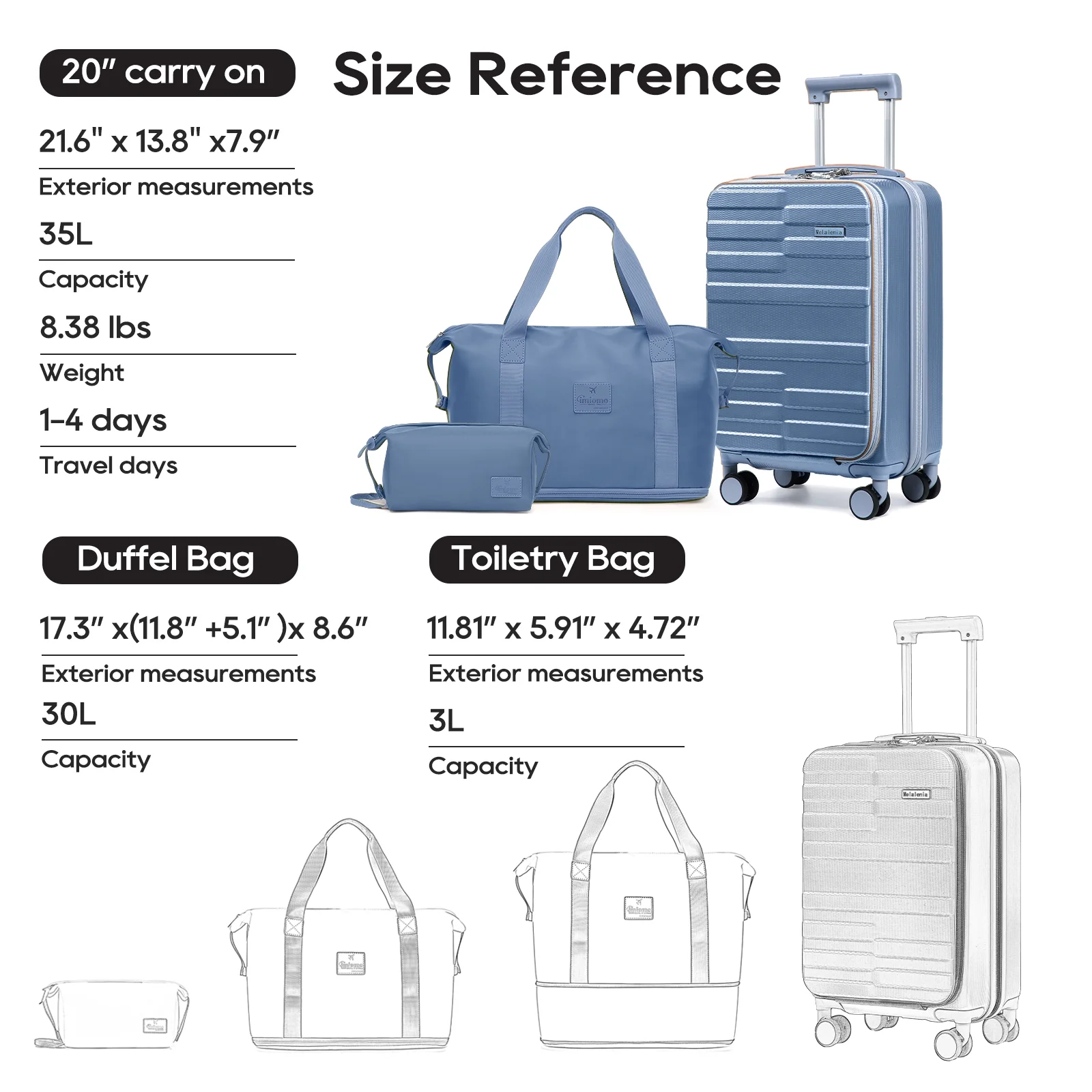 3-Piece Front Opening Cover Carry-on Luggage Side Hooks TSA Lock Spinner Wheels YKK Zippers - Image 3